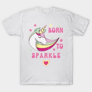 Born To Sparkle Groovy Unicorn With Stars and Heart T-Shirt